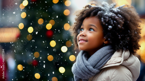 African American little girl walks the streets in anticipation of the New Year holiday. Ai generated