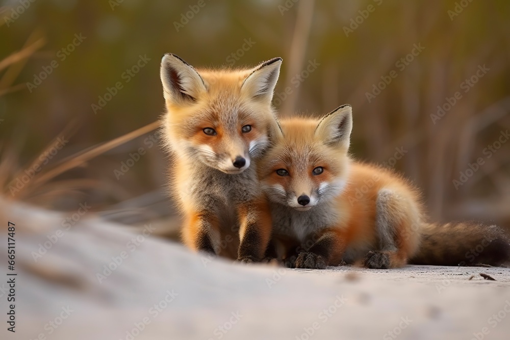 Wild baby red foxes cuddling at the beach. Wild baby red foxes cuddling at the beach.