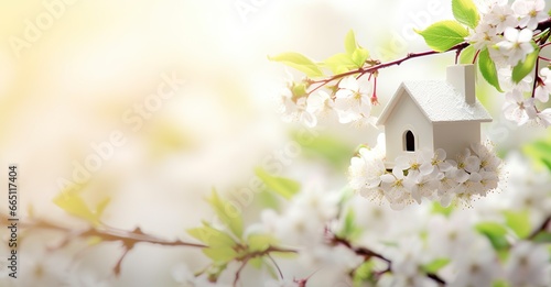 Toy house and cherry flowers, spring abstract natural background.