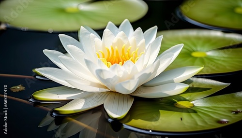 White water lily. White lotus with leaves on dark pond.