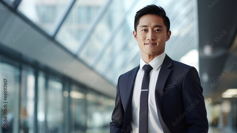 Portrait of a young Asian businessman in front of a modern corporate glass building Portrait of a young Asian businessman in front of a modern corporate glass building