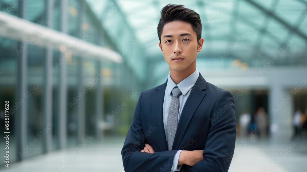 Portrait of a young Asian businessman in front of a modern corporate glass building Portrait of a young Asian businessman in front of a modern corporate glass building
