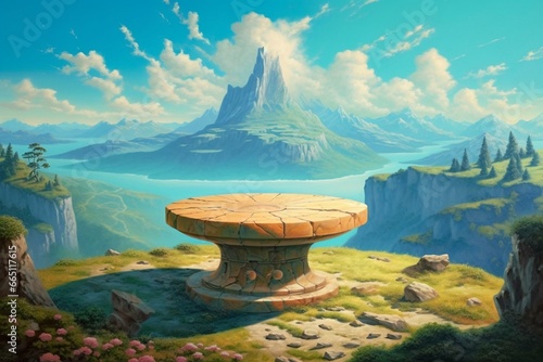 Illustration of a fantasy landscape with mountains, blue sky, and a round stone table in renaissance style. Generative AI © Thomas