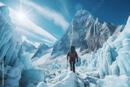 Alpinist climber on the top of an icy mountain , goal achieved, active tourism and mountain travel