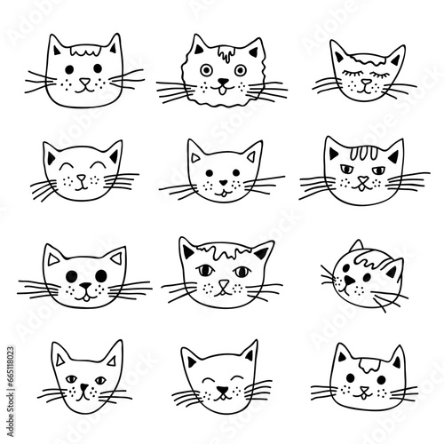 Hand drawn cat muzzle clipart. Cute pet face doodle set