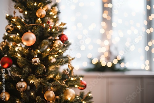 Defocused Christmas tree with many different decorations.