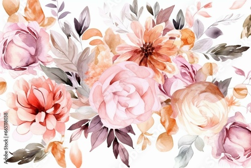 Floral watercolor pattern with pink & peach cream flowers and leaves on white background, ideal for various designs. Generative AI