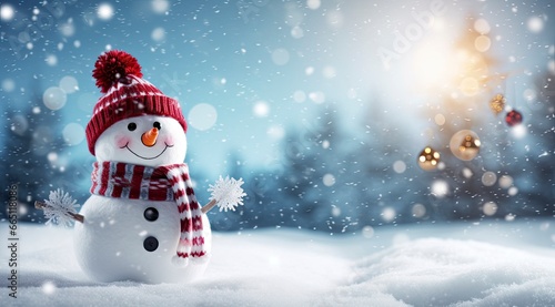 Happy snowman in the winter scenery. © Emran