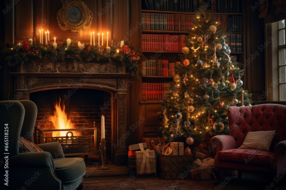 A cozy living room adorned with twinkling lights, a beautifully decorated Christmas tree, and a crackling fireplace, exuding the warm and festive atmosphere of a traditional Christmas Eve