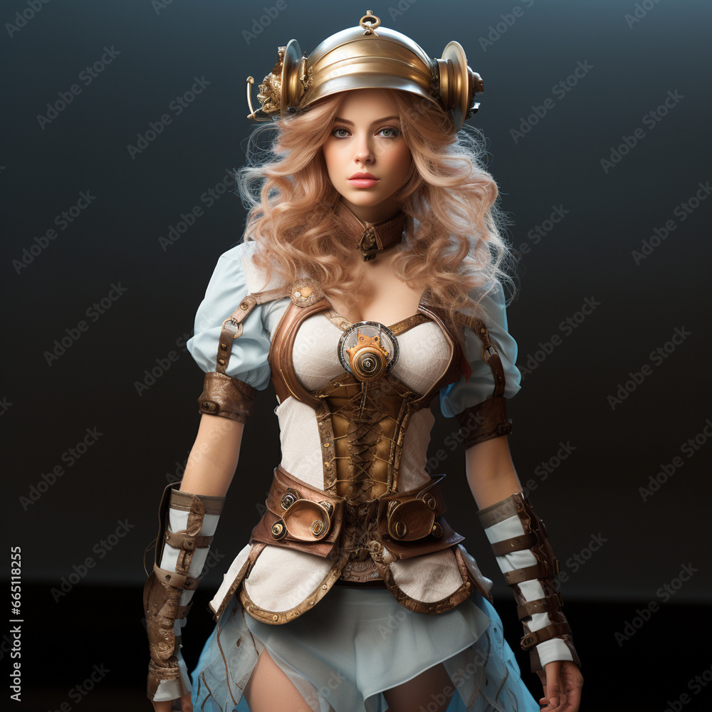 Fototapeta premium Top model Girl, full body, Steampunk, Mechanic Pirate Style Dress in pastel color, Steampunk Retro Futuristic . AI Generative