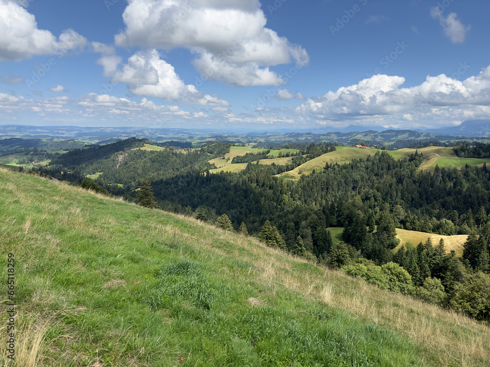 Swiss Summer Landscape from Ahorn Alp on Border of Cantons of Bern and Lucerne