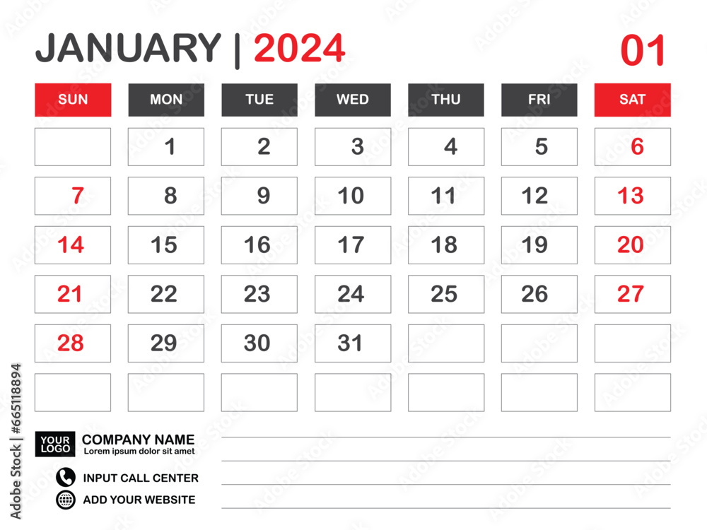 Calendar 2024 template, January 2024 layout, Desk calendar 2024 year ...