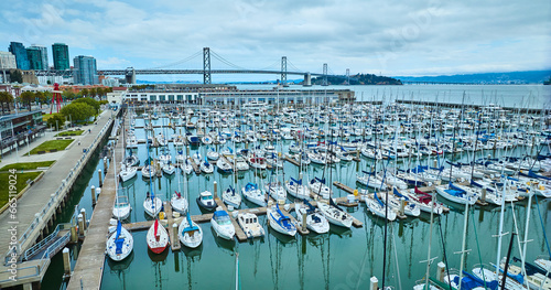 Photography Aerial South Beach Harbor and Pier 40 with Oakland Bay Bridge on skyline