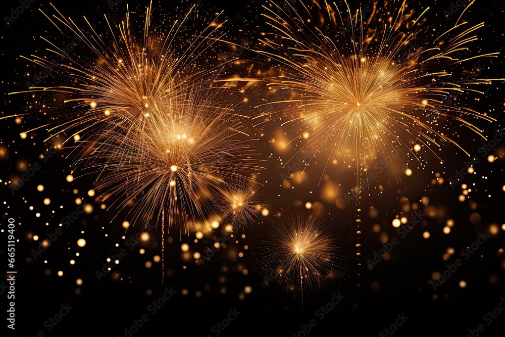 Fototapeta premium Gold sparkling details, brightness, fireworks and champagne. These festive designs can be used as banners and for social media.
