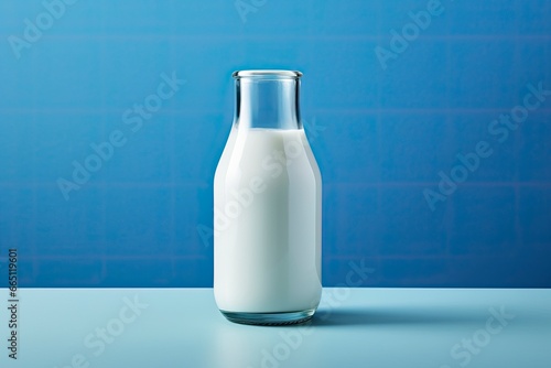 A glass bottle with full milk on blue background.