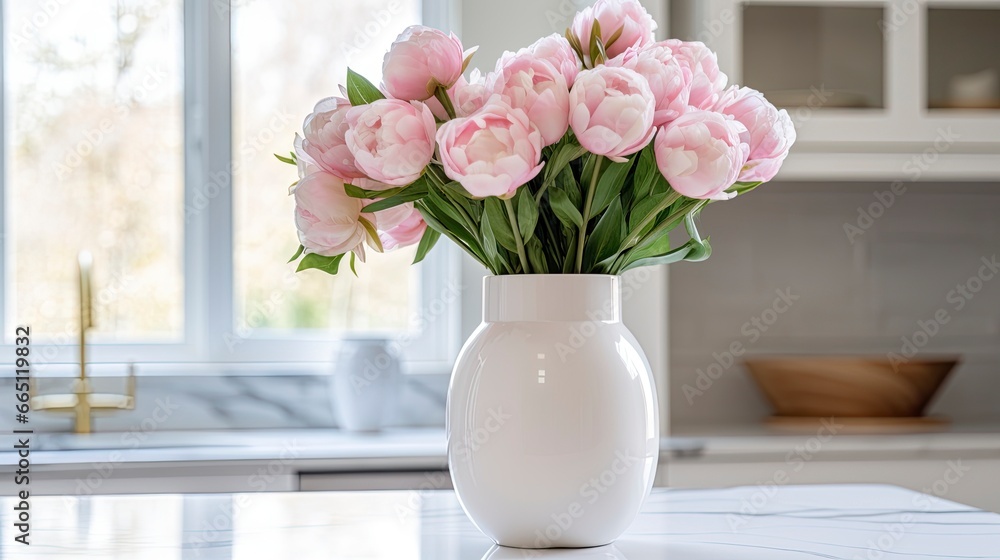 A white vase full of pink flowers is sitting on counter. A white vase full of pink flowers is sitting on counter.