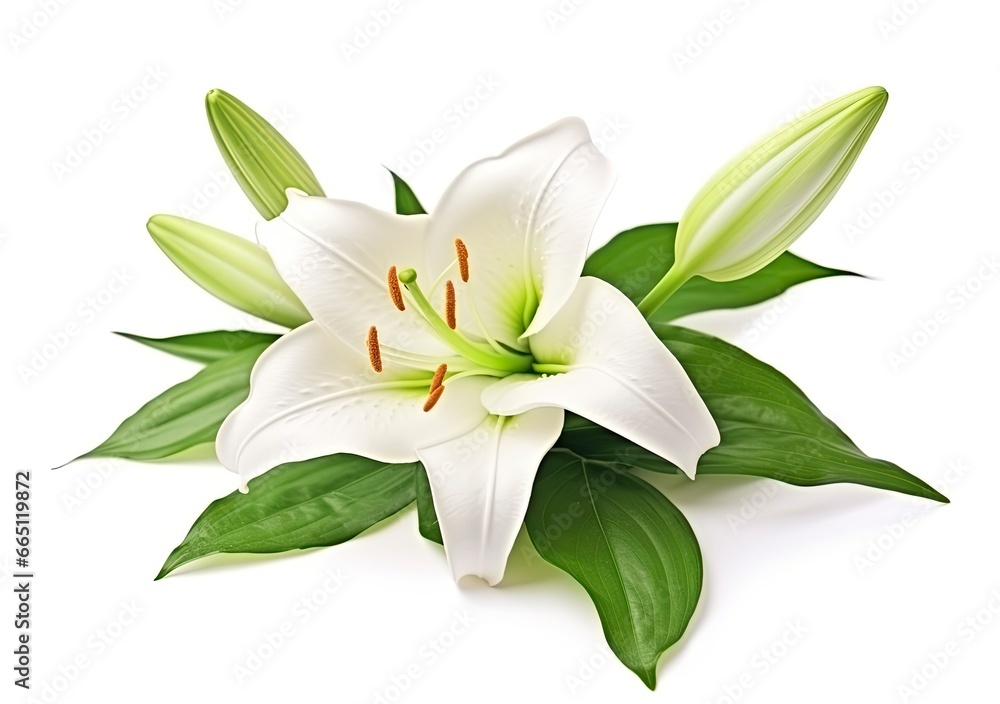 Beautiful fresh lily flower with green leaves, isolated on white background. Beautiful fresh lily flower with green leaves, isolated on white background.