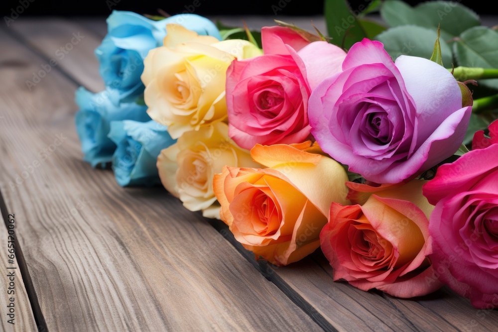 Bunch of multi colored roses on wooden planks, happy birthday lying on planks. Bunch of multi colored roses on wooden planks, happy birthday lying on planks.