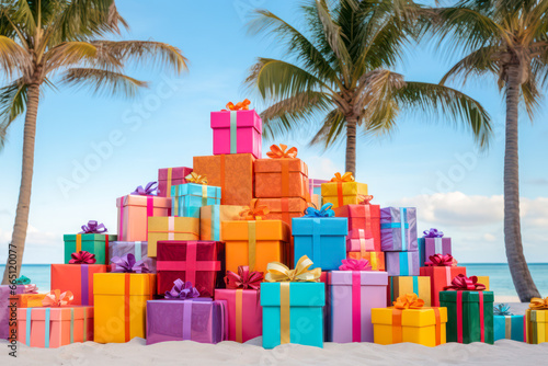 Obraz na płótnie Many colorful gift boxes with ribbons on the beach w salonie