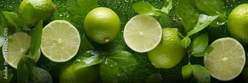 un arrière-plan rempli de citrons verts (lime), de feuilles de menthe et de glace pilée - bannière web photo