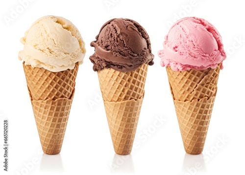 Chocolate, vanilla and strawberry Ice cream in the cone on white background.