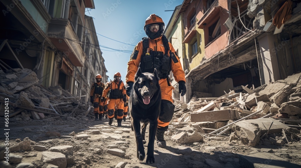 Rescue team is saving people from the rubble of an earthquake