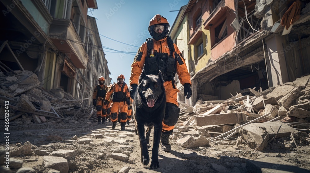 Rescue team is saving people from the rubble of an earthquake Rescue team is saving people from the rubble of an earthquake