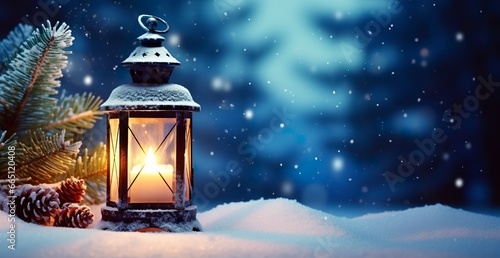 Christmas Lantern On Snow With Fir Branch In Evening Scene.