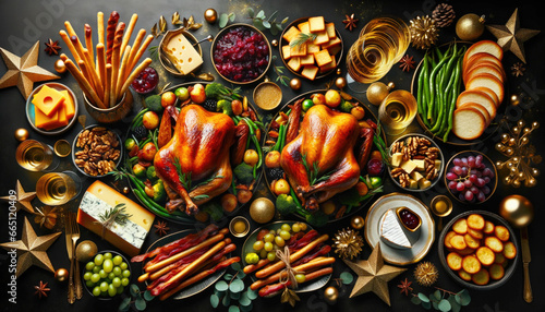 Festive feast  roast turkey  vegetables dishes cheese board and sauces.Concept of Christmas or New Year dinner.