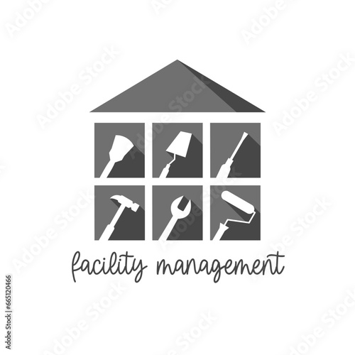 Facility management logo concept. Home, house, building and work tool icon set. Tools and icons in grey color. Vector illustration isolated on white background.