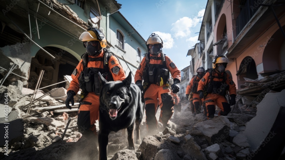 Rescue team is saving people from the rubble of an earthquake