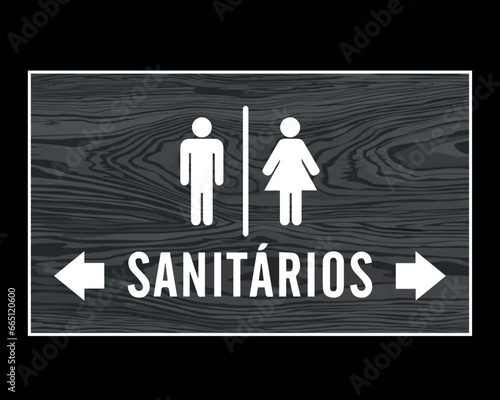 Placa Retângular Sinalização de Sanitários Masculino e Feminino. Arte minimalista com textura de madeira cinza e sinalização em branco.