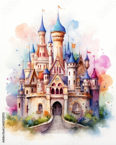 Colorful watercolor kawaii castle isolated on white background. © Emran