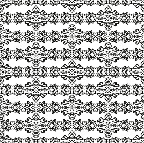 Lace seamless pattern. Black vintage background with damask ornament for textile, fabric, decoration. Seamless black gorgeous stripe, delicate simple pattern