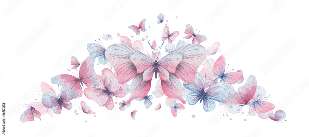 Butterflies are pink, blue, lilac, flying, delicate with wings and splashes of paint. Hand drawn watercolor illustration. Isolated composition on a white background, for design
