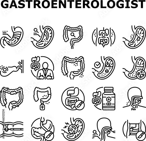 gastroenterologist doctor stomach icons set vector. health gastroenterology, intestine research, medical bowel, disease microbiota gastroenterologist doctor stomach black contour illustrations