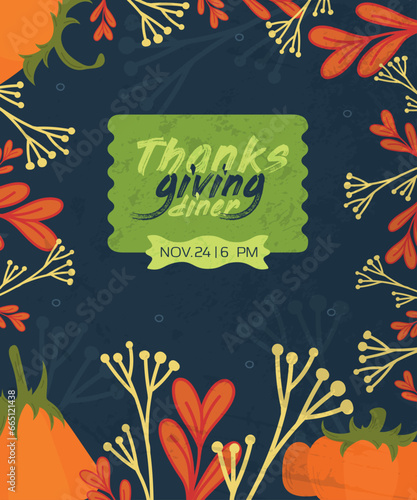 Thanksgiving invitation to dinner with pumpkin and leaves in vector