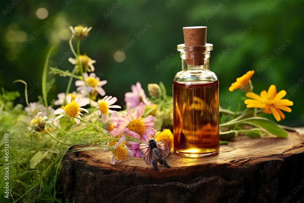 Glass Bottle of herbal essential extract, butterfly, and wildflowers on a tree stump. Glass Bottle of herbal essential extract, butterfly, and wildflowers on a tree stump.