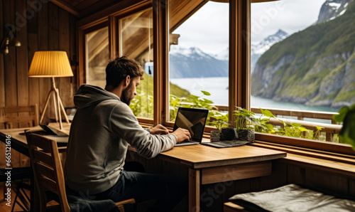Work-Life Harmony: Using Laptop in a Traditional Wood House with Nature's Beauty in View