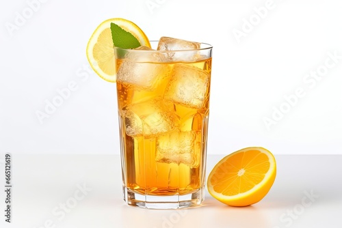 A glass of orange soda water with ice cubes on white background.