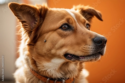 A Close-Up of a Golden Retriever with a Brown Collar and Perked Ears, Gazing at Something Interesting with an Orange Background