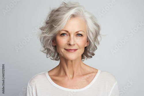 Portrait of Beautiful gorgeous middle aged mature woman on white background. Healthy face skin care beauty, middle age skin care cosmetics, cosmetology concept. © Oulaphone