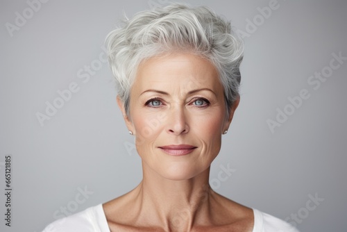 Portrait of Beautiful gorgeous middle aged mature woman on white background. Healthy face skin care beauty, middle age skin care cosmetics, cosmetology concept.