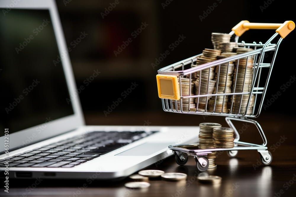 Mini trolley shopping cart with coin money on a table. Shopping online or e-commerce from internet concept.