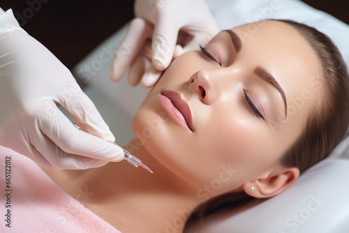 Beautiful young woman gets beauty facial injections in salon. Young woman skin care  Face aging  Rejuvenation and hydration procedures. Aesthetic cosmetology.