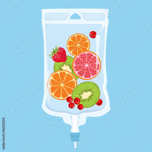 IV Vitamin Drip Therapy.  Vector cartoon illustration of Fruit Saline Bag on blue background.