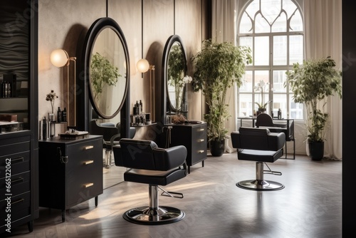 Stylish beauty salon interior. Hairdresser and makeup artist workplaces room. photo