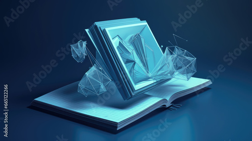 Book and monitor. Low poly wireframe online education blue background or concept with opened book. Digital Vector illustration. Online reading or courses. Abstract polygonal image of notebook on pc.