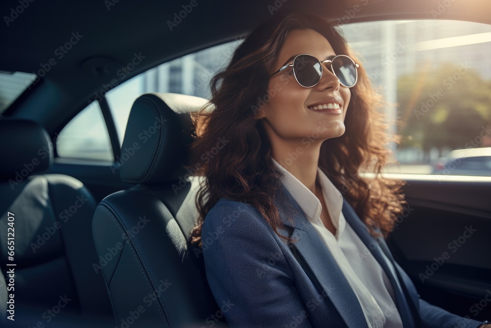 Beautiful businesswoman driving vehicle on the road on a bright day. Beautiful businesswoman driving vehicle on the road on a bright day.
