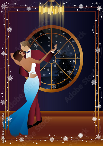 Party. A couple dances in front of a winter window. Holiday. Concept for holiday, winter holidays, New Year, Christmas, creativity and advertising